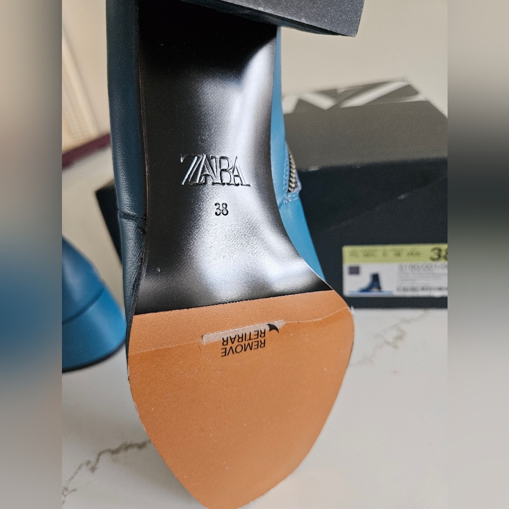 Zara LEATHER MID-HEEL ANKLE BOOTS US 7.5 EUR 38 BLUE - Picture 7 of 11